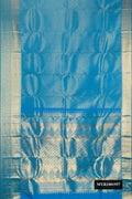 Blue Dual Tone Kanchipuram Silk Saree with Zari Brocade on the body and Zari Border.  displayed on a mannequin