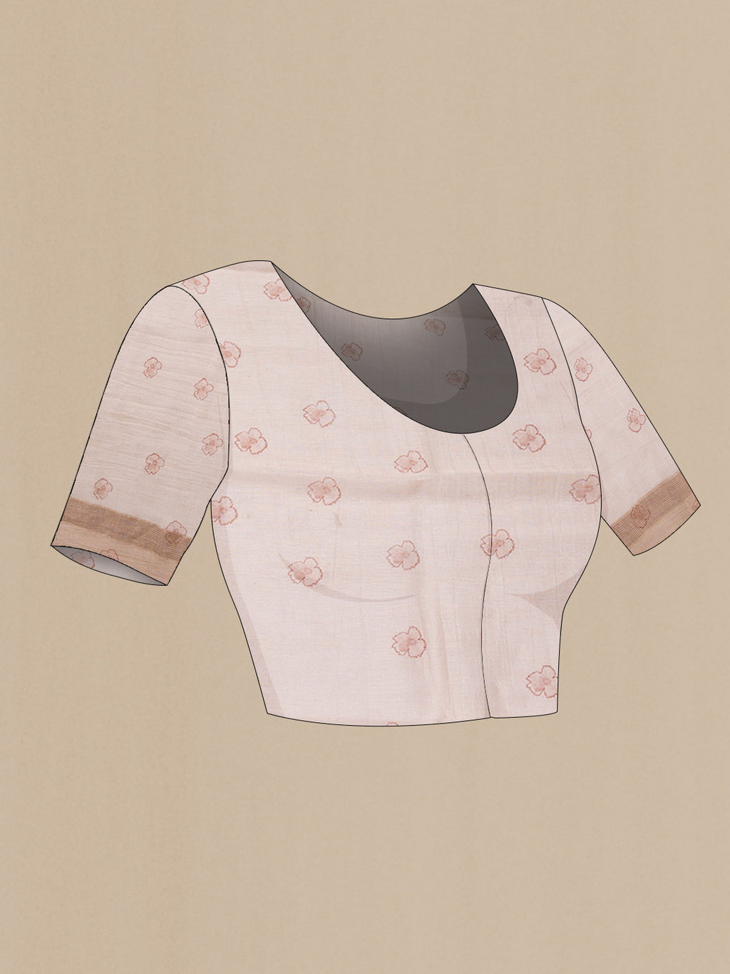 Close up image of the blouse of Golden Peach Dual Tone Linen Saree with Printed design on the body and Zari Border. 