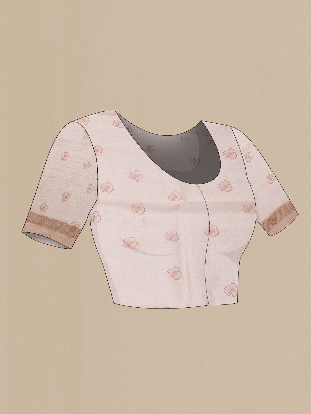 Close up image of the blouse of Golden Peach Dual Tone Linen Saree with Printed design on the body and Zari Border. 