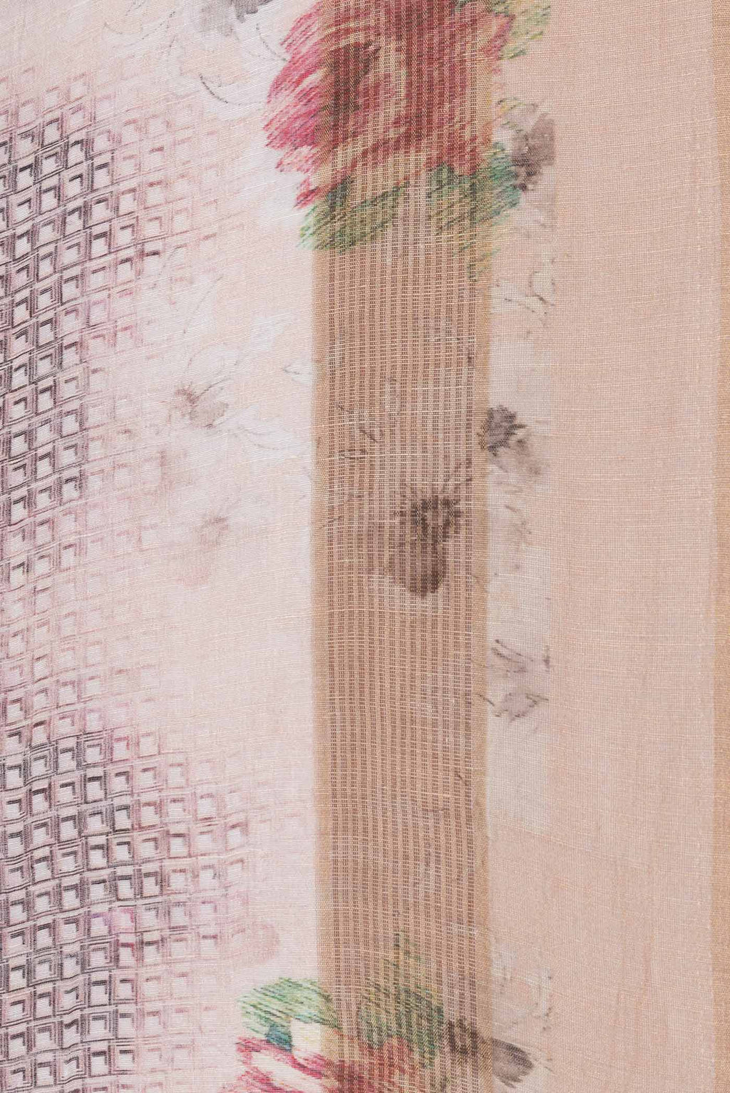 Border image of Golden Peach Dual Tone Linen Saree with Printed design on the body and Zari Border. 