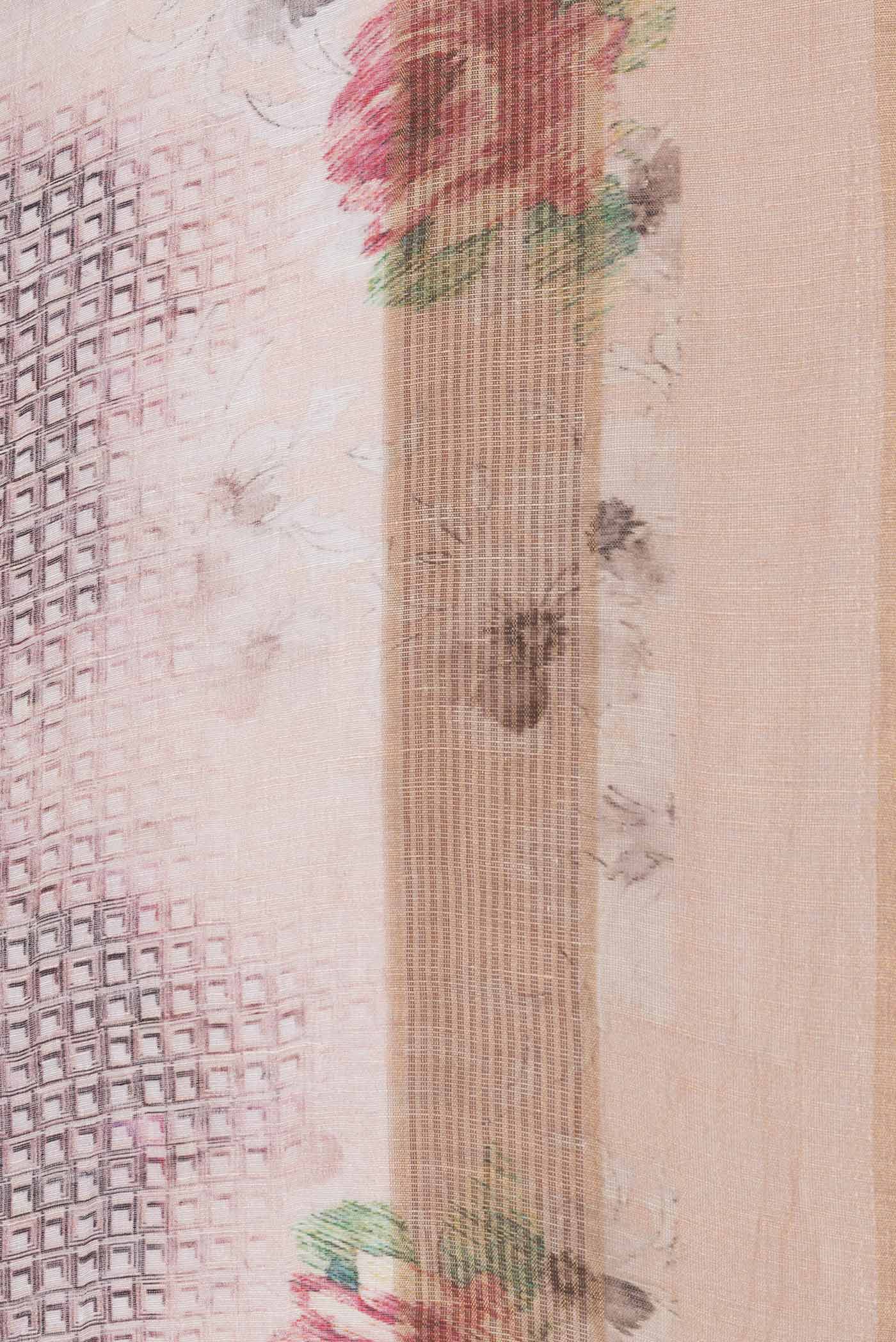 Border image of Golden Peach Dual Tone Linen Saree with Printed design on the body and Zari Border. 