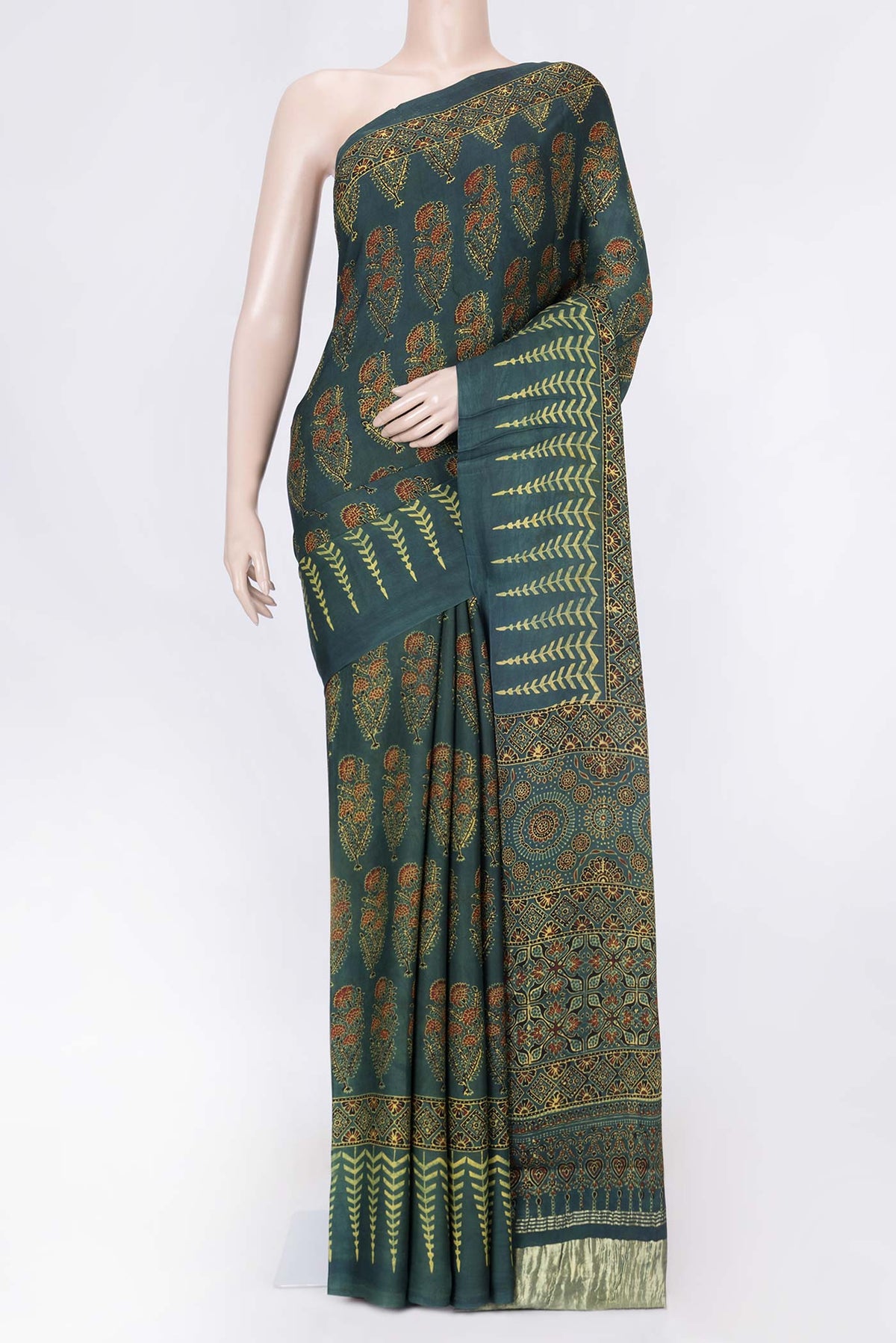 Green Dual Tone Linen Saree with Printed design on the body and Zari Border displayed on a mannequin