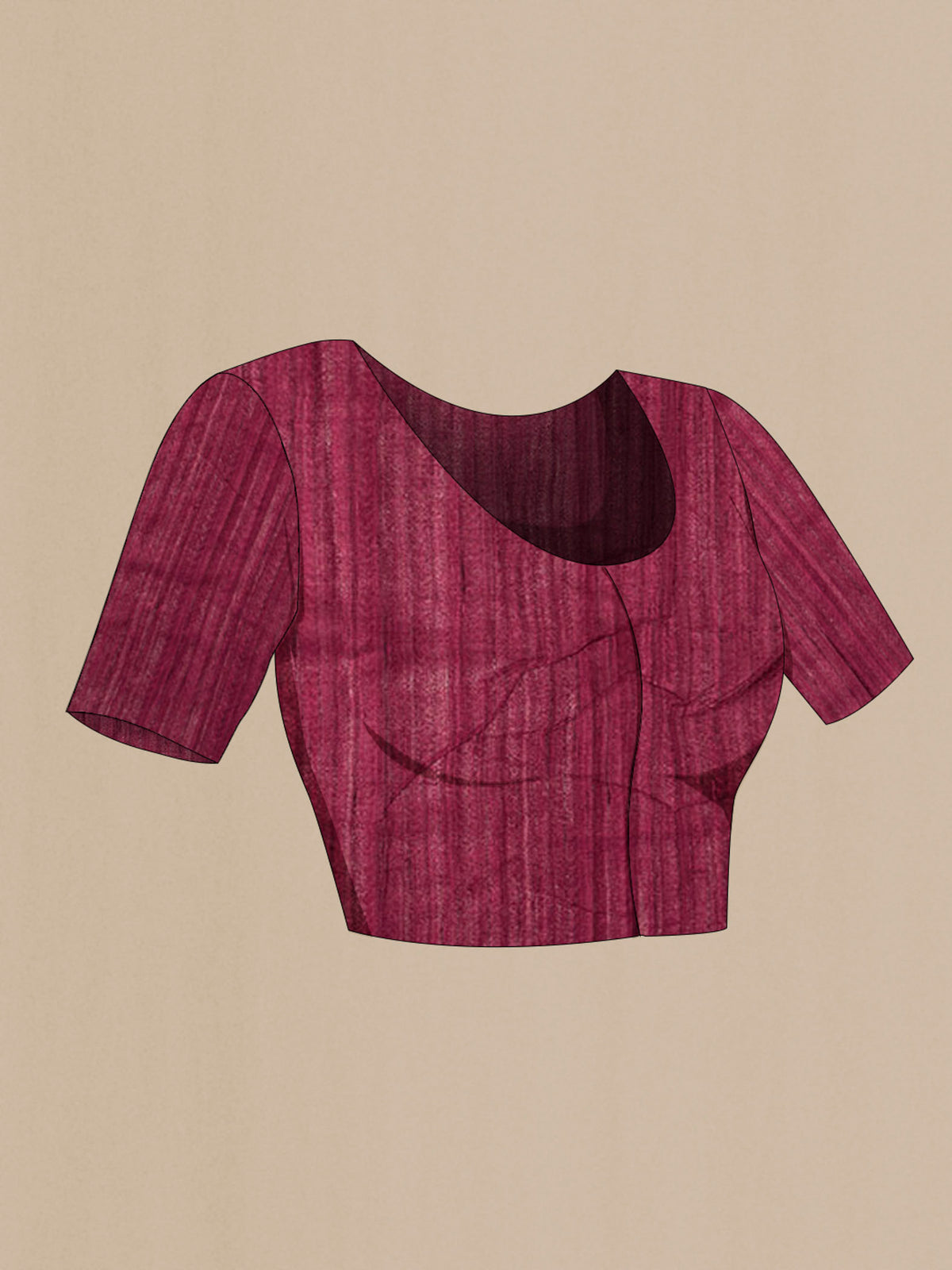 Close up image of the blouse of Maroon Tussar Silk Saree with Printed design on the body and Printed Border