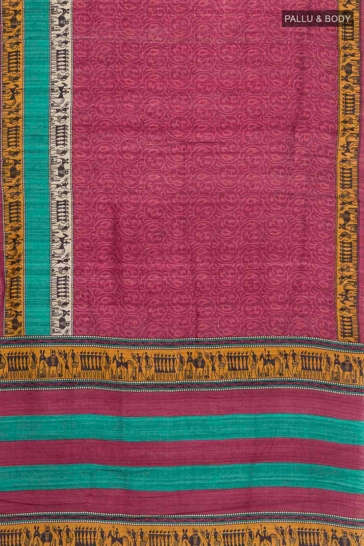 Flat view of Maroon Tussar Silk Saree with Printed design on the body and Printed Border