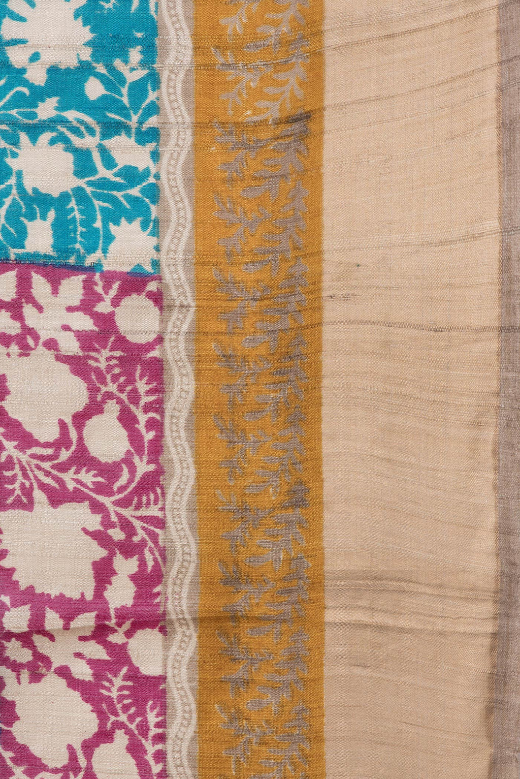 Border image of Pink and Sky Blue Color Tussar Silk Saree with Printed design on the body and Zari Border. 