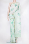 Light Blue Chanderi Silk Cotton Saree with Floral Print on the body and Fancy Border.  displayed on a mannequin