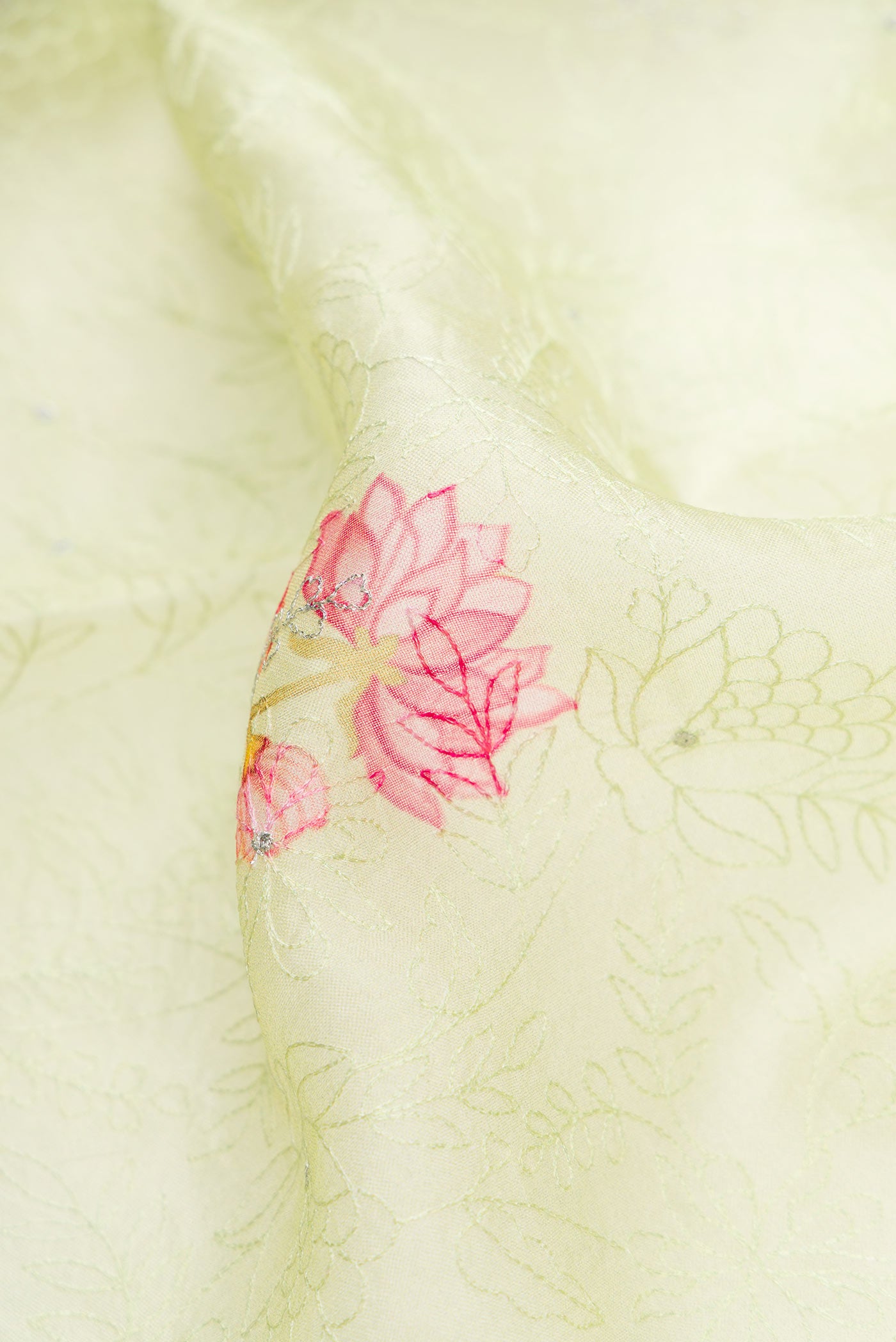 Close up of Pista Green Dual Tone Organza Silk Saree with Embroidery on the body and Printed Border.  displaying folds