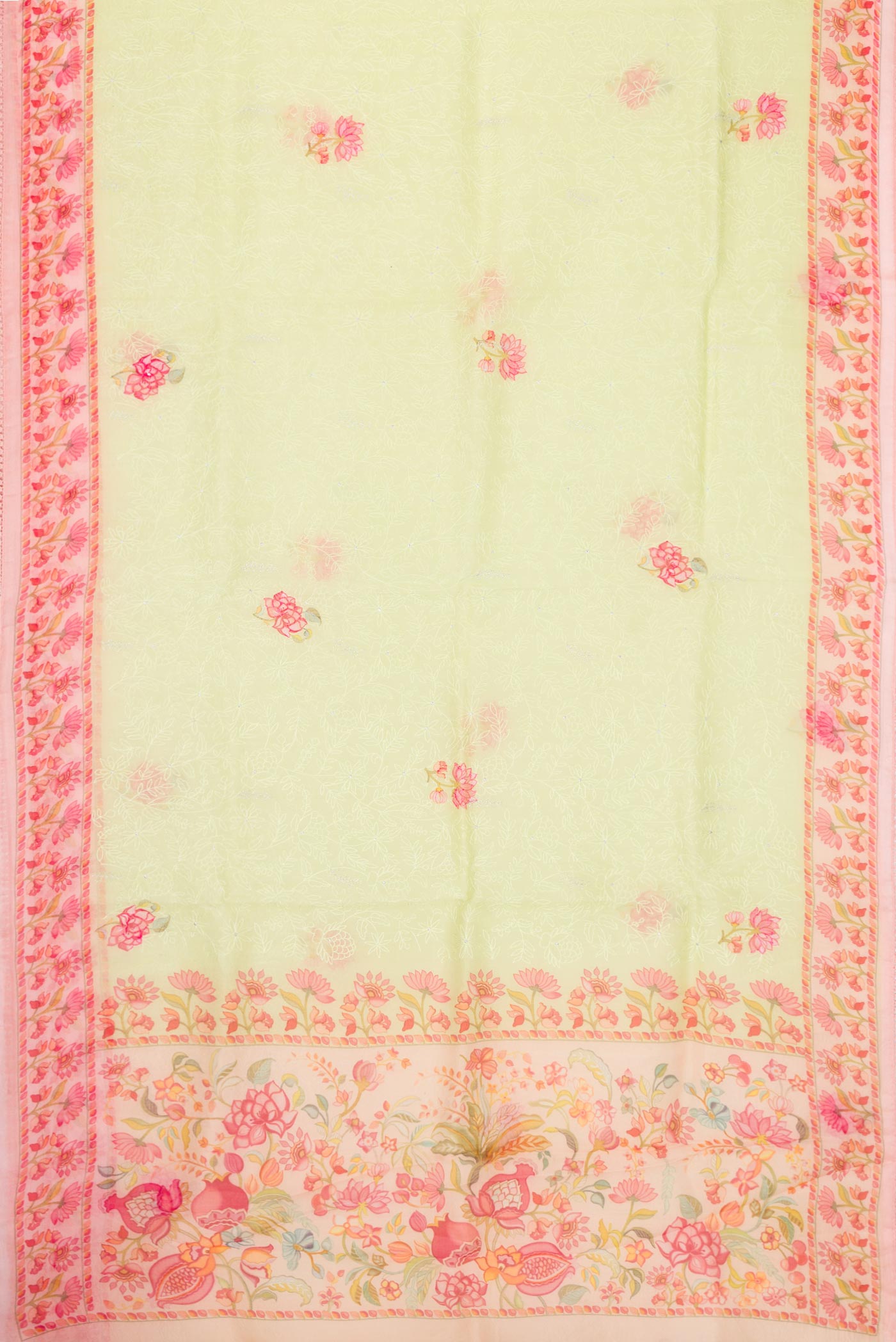 Flat view of Pista Green Dual Tone Organza Silk Saree with Embroidery on the body and Printed Border. 