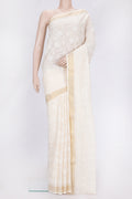 Beige Dual Tone Kota Silk Saree with Embroidery on the body and Zari Border.  displayed on a mannequin