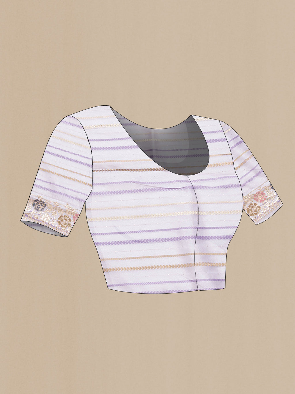 Close up image of the blouse of Lavender Dual Tone Organza Silk Saree with Stripes on the body and Fancy Border. 
