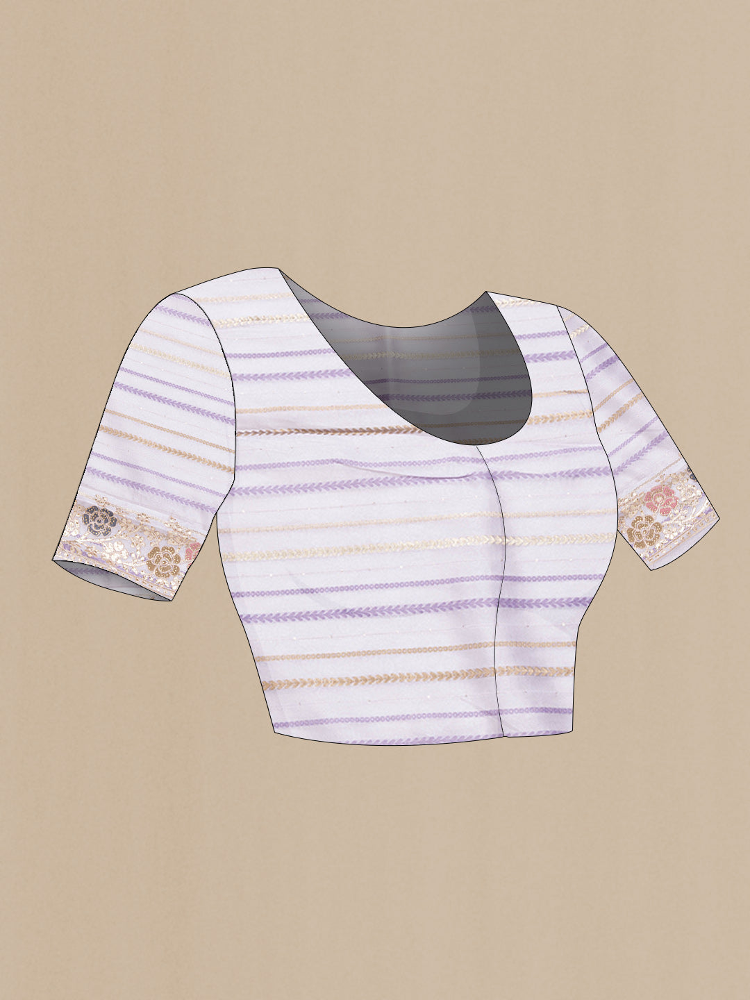 Close up image of the blouse of Lavender Dual Tone Organza Silk Saree with Stripes on the body and Fancy Border. 