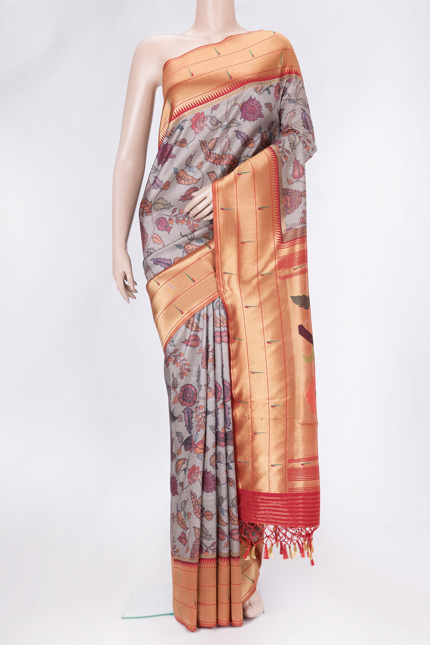 Grey Dual Tone Tussar Silk Saree with kalamkari Print on the body and Paithani Border.  displayed on a mannequin