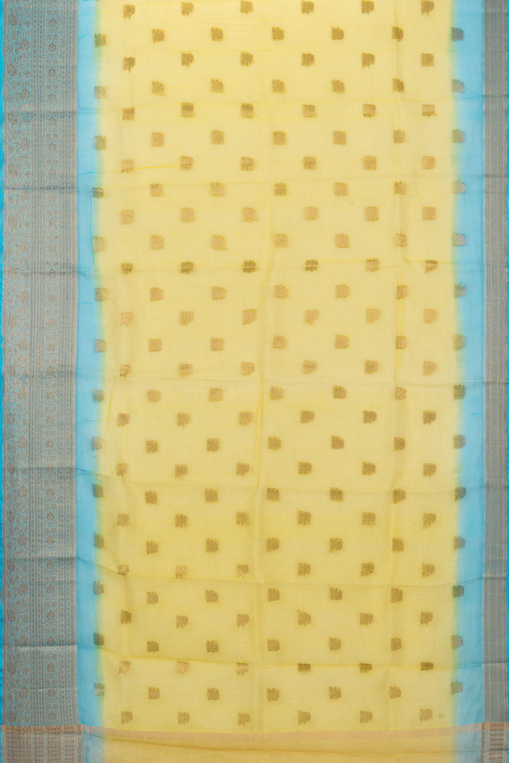 Flat view of Yellow Kota Silk Saree with Zari Butta on the body and Zari Border. 
