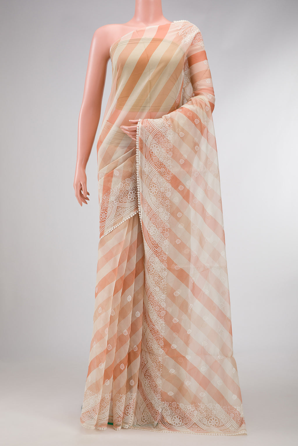 Beige and Maroon Color Organza Silk Saree with Embroidery on the body and Embroidery Border.  displayed on a mannequin