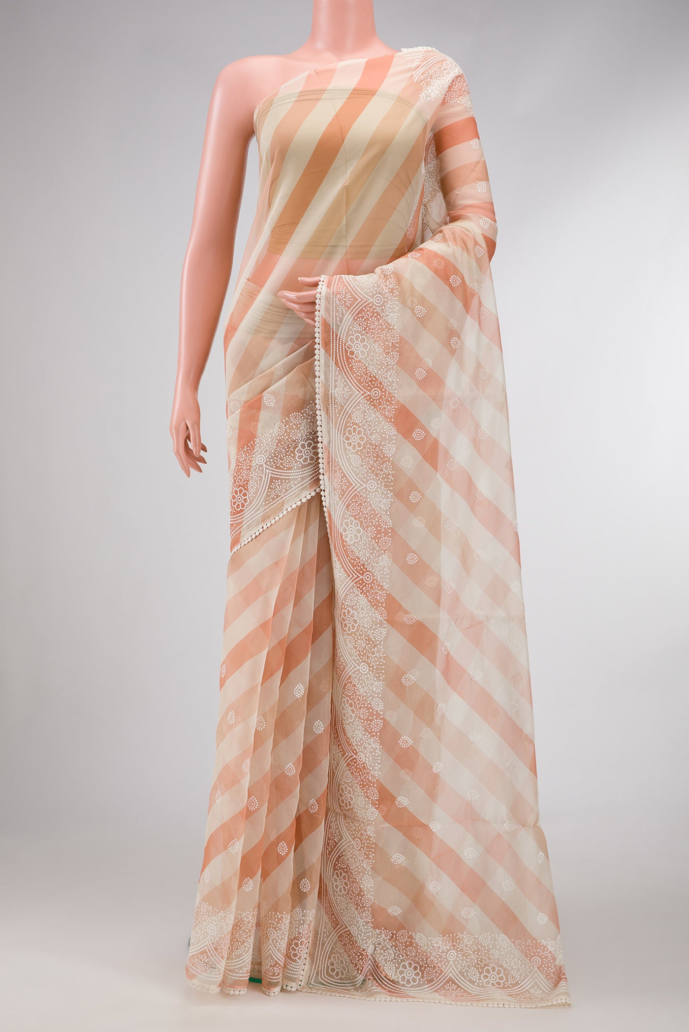 Beige and Maroon Color Organza Silk Saree with Embroidery on the body and Embroidery Border.  displayed on a mannequin