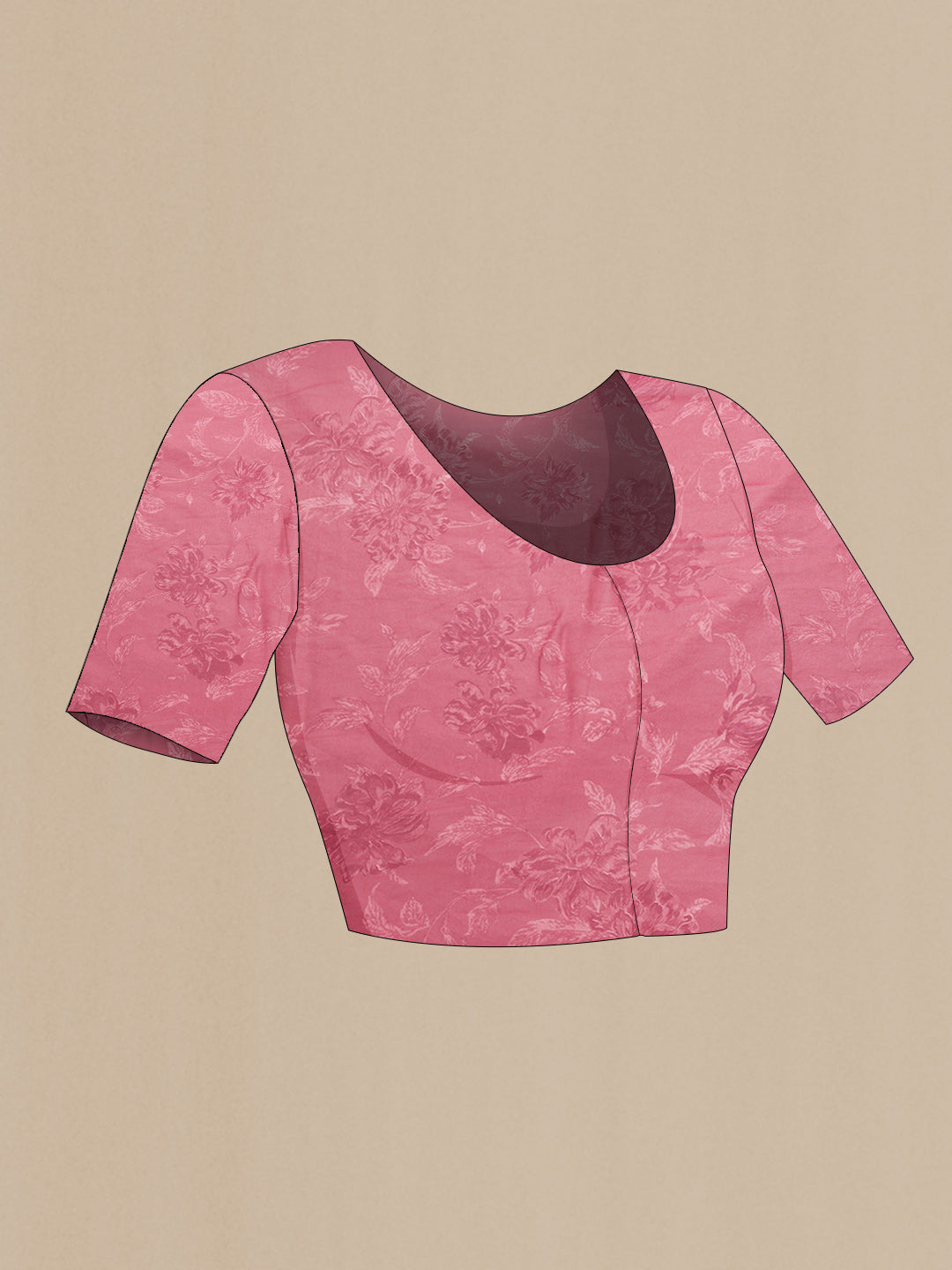 Close up image of the blouse of Pink Dual Tone Mysore Georgette Saree with Printed design on the body and Without Border. 