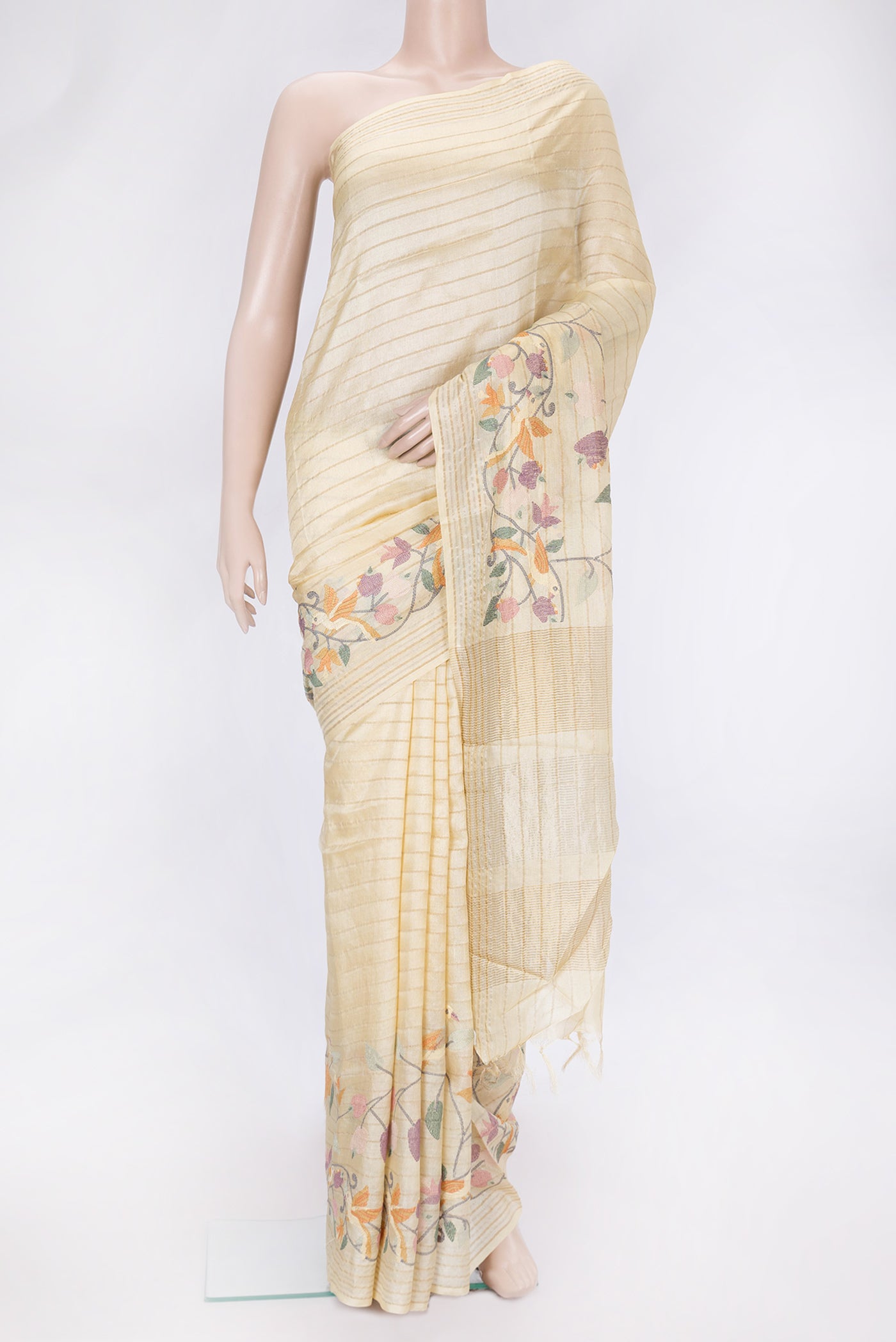 Sandal Dual Tone Tussar Silk Saree with Stripes on the body and Embroidery Border.  displayed on a mannequin