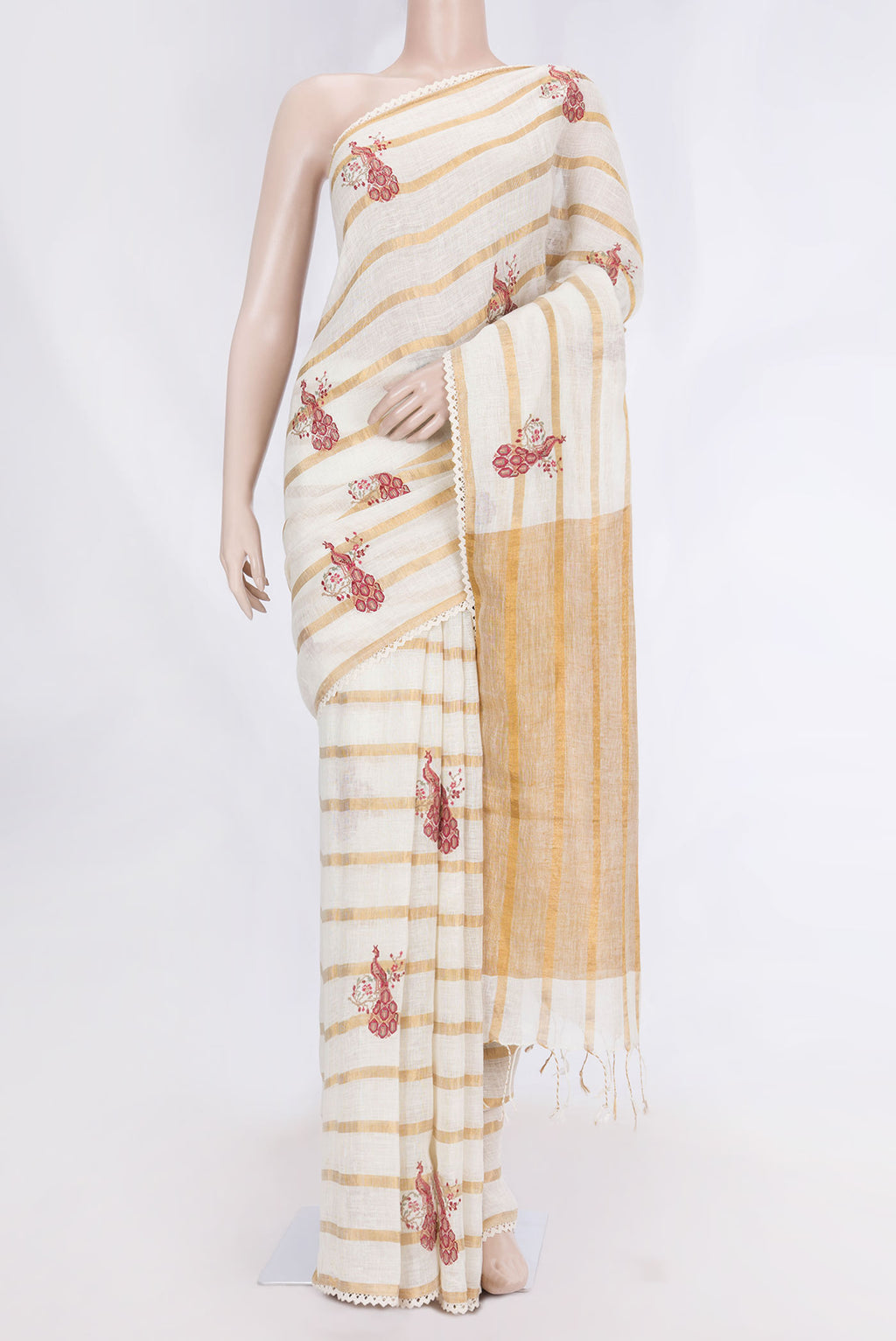 Beige Dual Tone Linen Saree with Embroidery on the body and Embroidery Border displayed on a mannequin