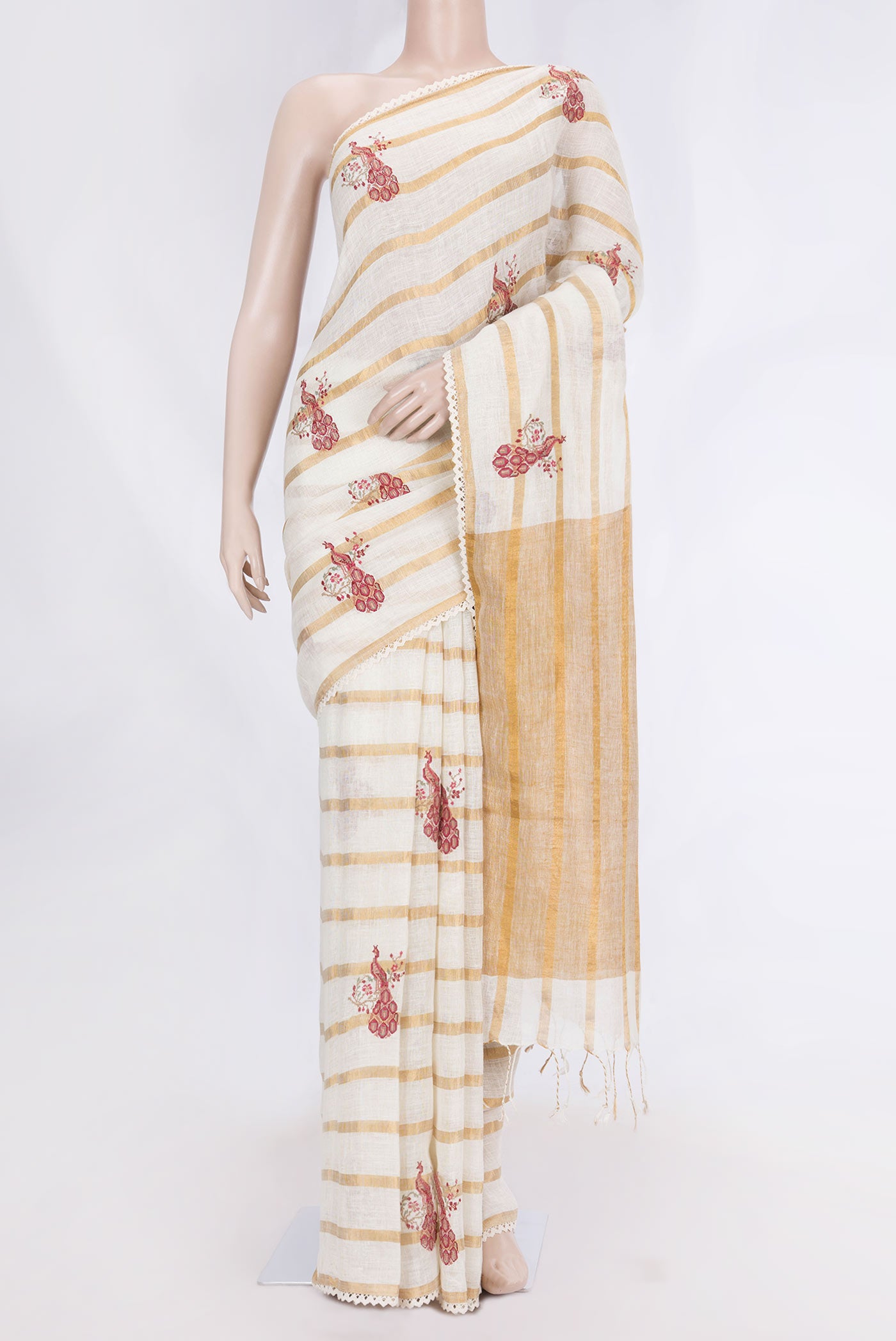 Beige Dual Tone Linen Saree with Embroidery on the body and Embroidery Border displayed on a mannequin