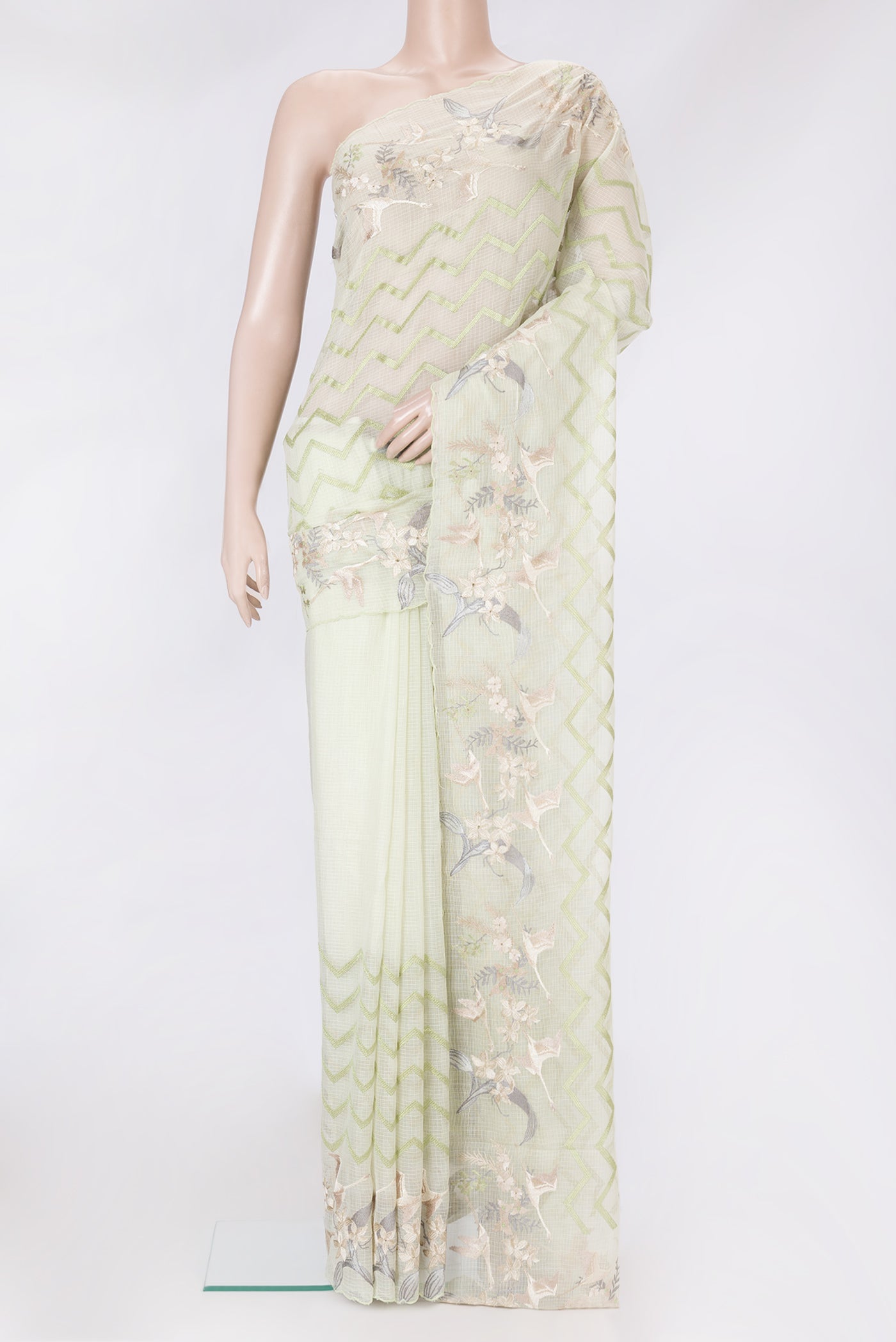Pista Green Dual Tone Kota Silk Saree with Embroidery on the body and Embroidery Border.  displayed on a mannequin