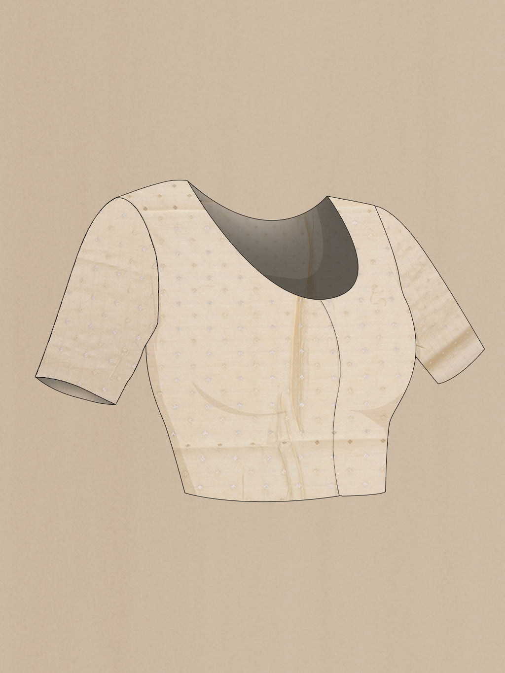 Close up image of the blouse of Off White Kota Silk Saree with Embroidery on the body and Embroidery Border. 