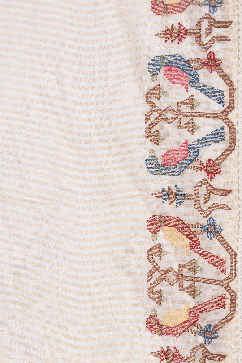 Border image of Beige Dual Tone Organza Silk Saree with Stripes on the body and Embroidery Border. 
