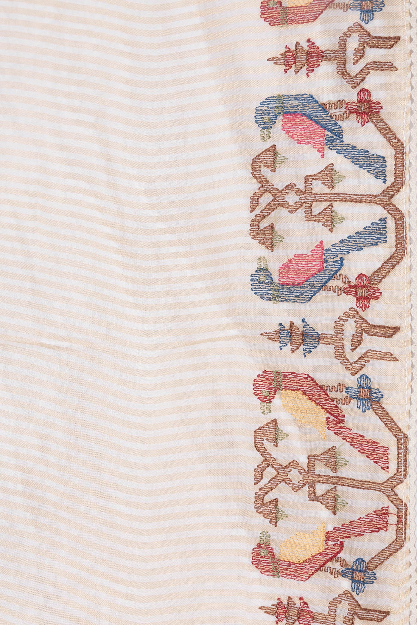Border image of Beige Dual Tone Organza Silk Saree with Stripes on the body and Embroidery Border. 