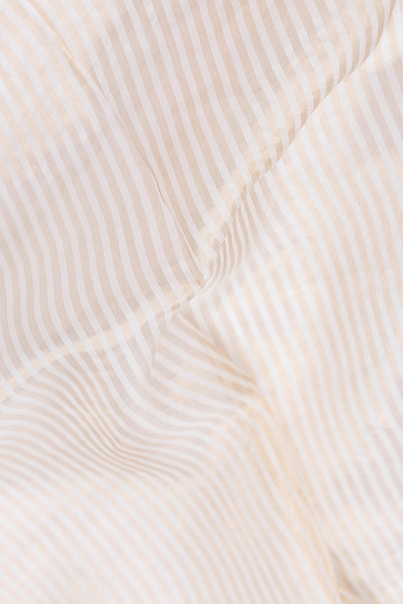 Close up of Beige Dual Tone Organza Silk Saree with Stripes on the body and Embroidery Border.  displaying folds