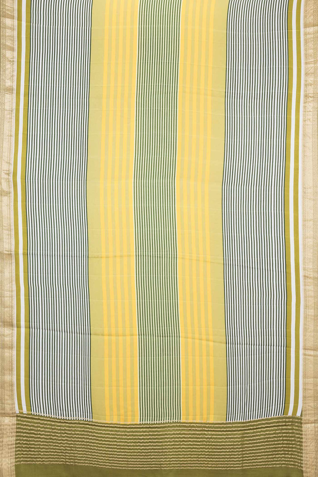 Flat view of Green Satin Silk Saree with Geometric Print on the body and Zari Border