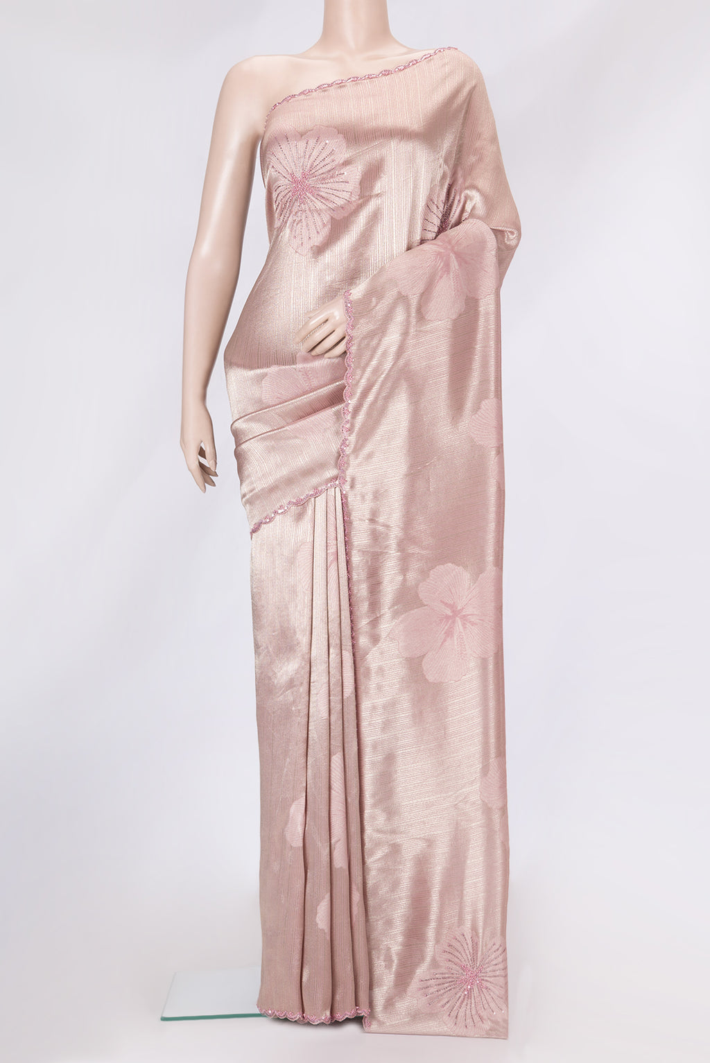 Pink Dual Tone Mysore Georgette Saree with Zari Brocade on the body and Embroidery Border.  displayed on a mannequin