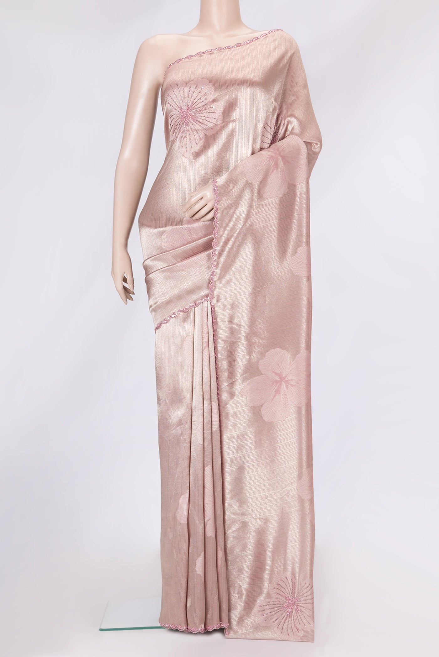 Pink Dual Tone Mysore Georgette Saree with Zari Brocade on the body and Embroidery Border.  displayed on a mannequin