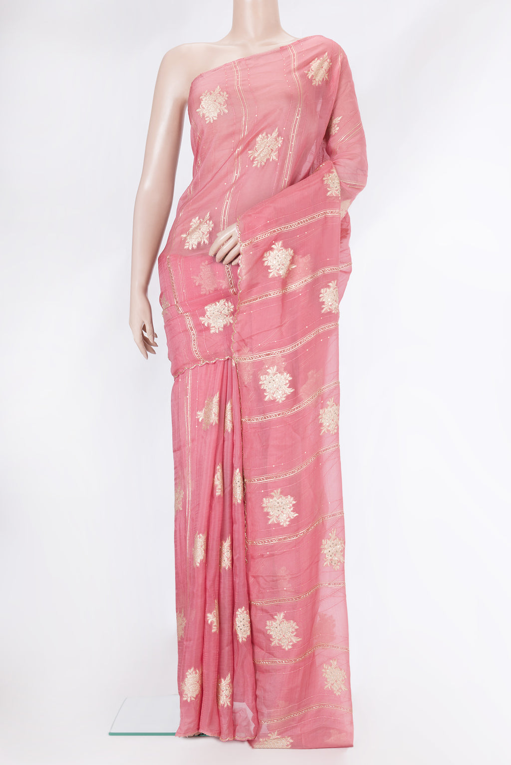 Pink Georgette Saree with Embroidery on the body and Embroidery Border.  displayed on a mannequin