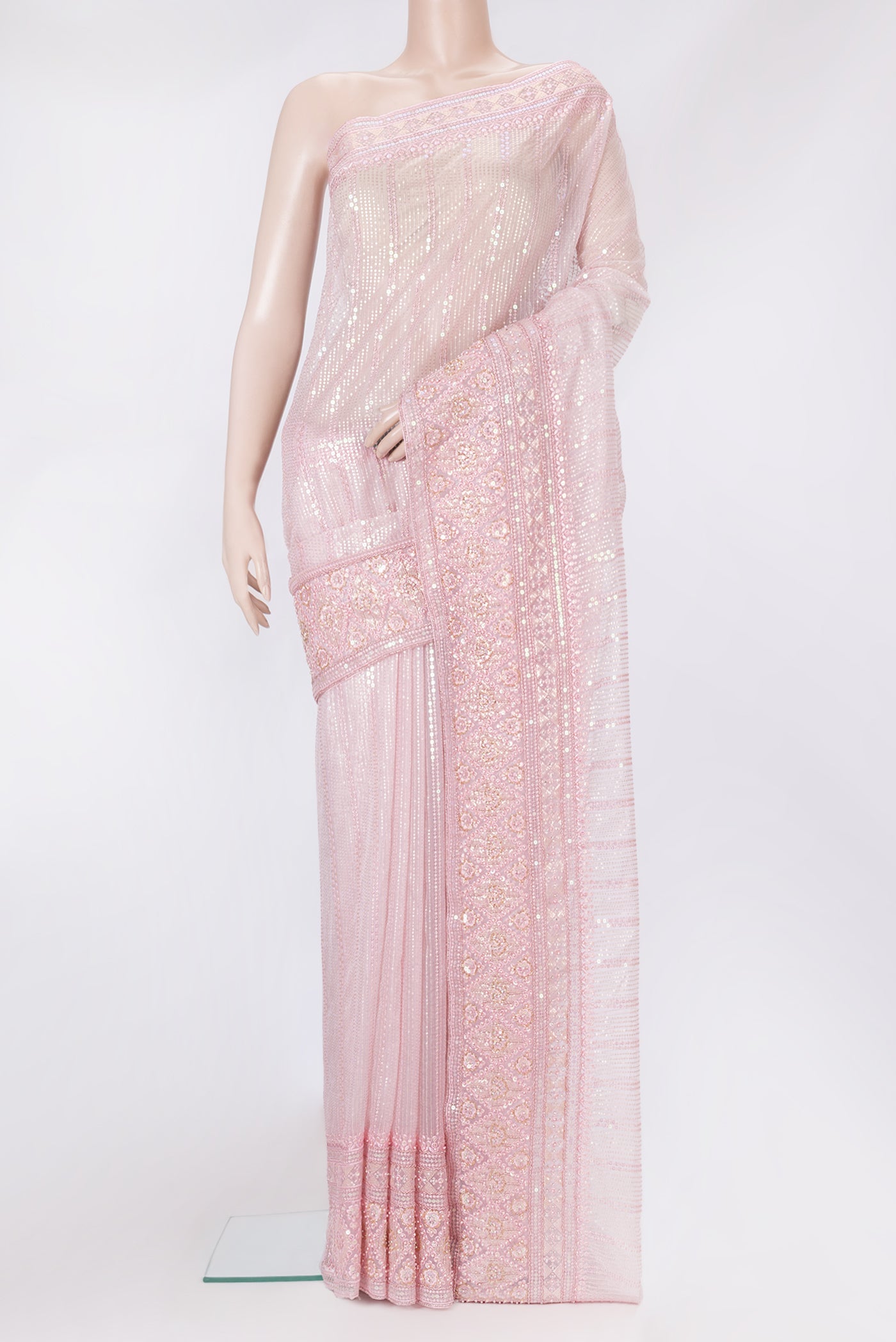 Pink Dual Tone Organza Silk Saree with Embroidery on the body and Embroidery Border.  displayed on a mannequin
