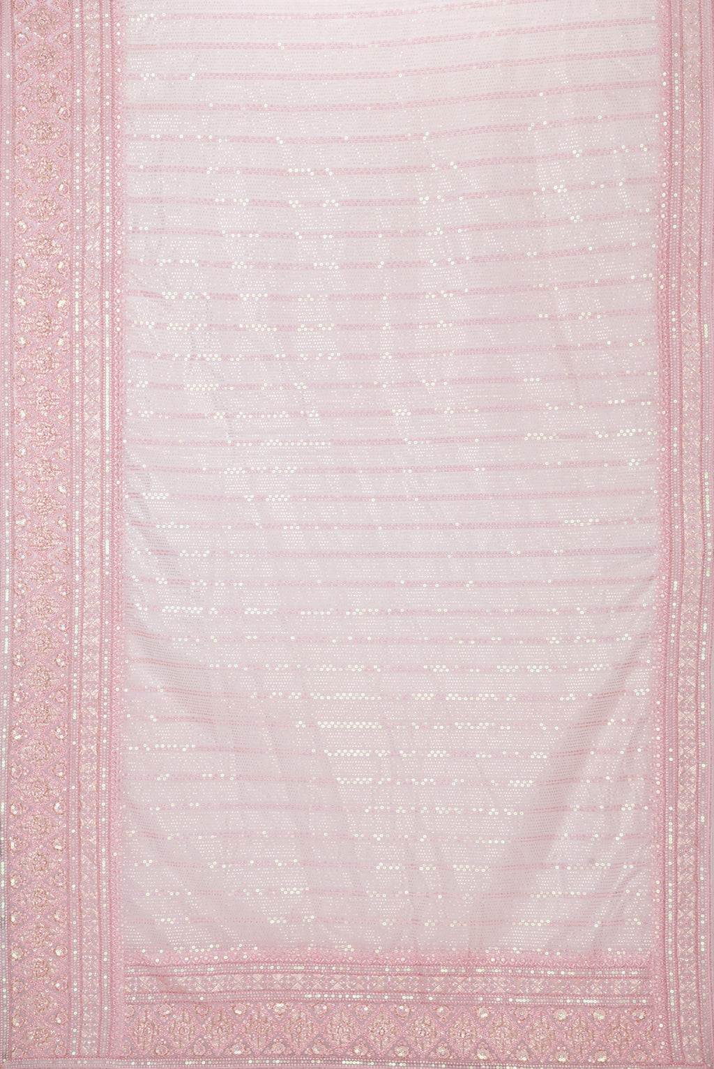 Flat view of Pink Dual Tone Organza Silk Saree with Embroidery on the body and Embroidery Border. 