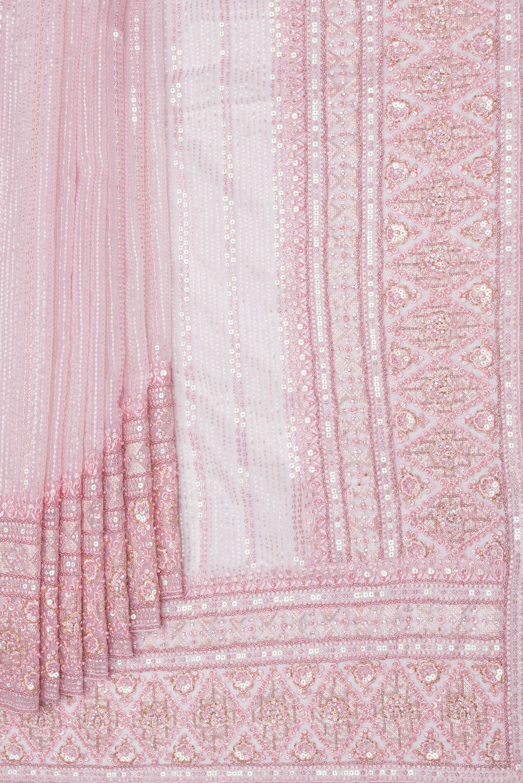 Pleats and pallu of Pink Dual Tone Organza Silk Saree with Embroidery on the body and Embroidery Border. 
