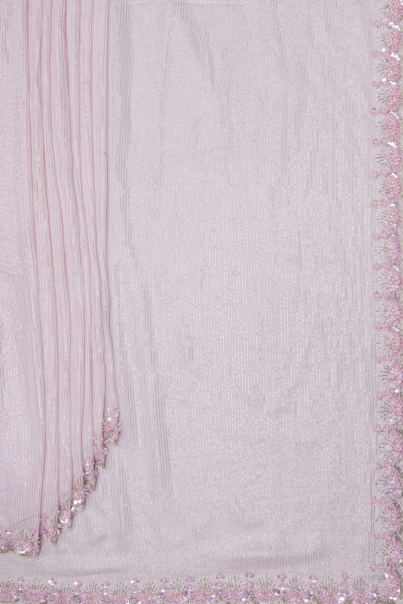 Pleats and pallu of Rose Gold Dual Tone Georgette Saree with Embroidery on the body and Sequin Border. 