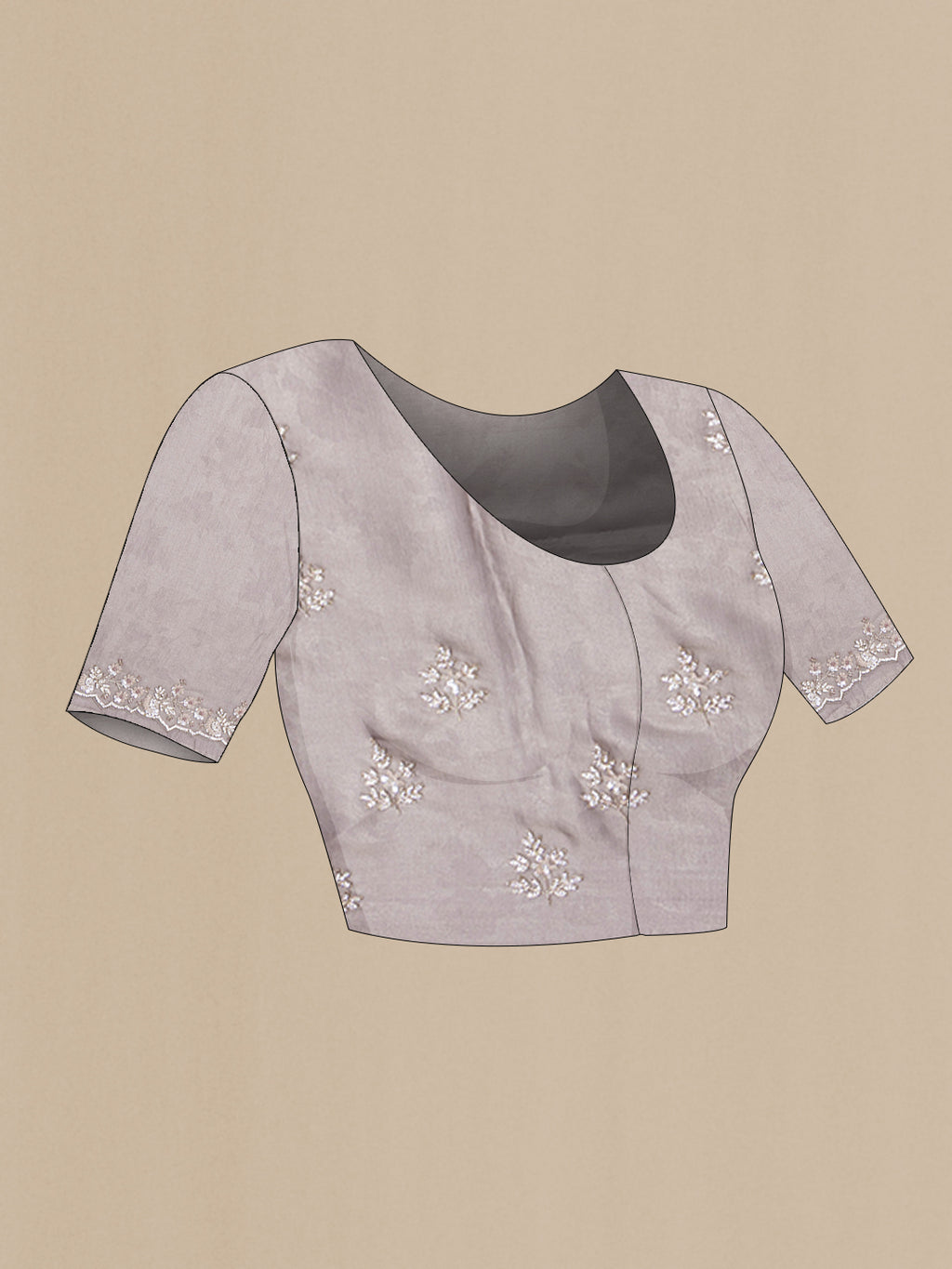 Close up image of the blouse of Grey Georgette Saree with Embroidery on the body and Embroidery Border. 