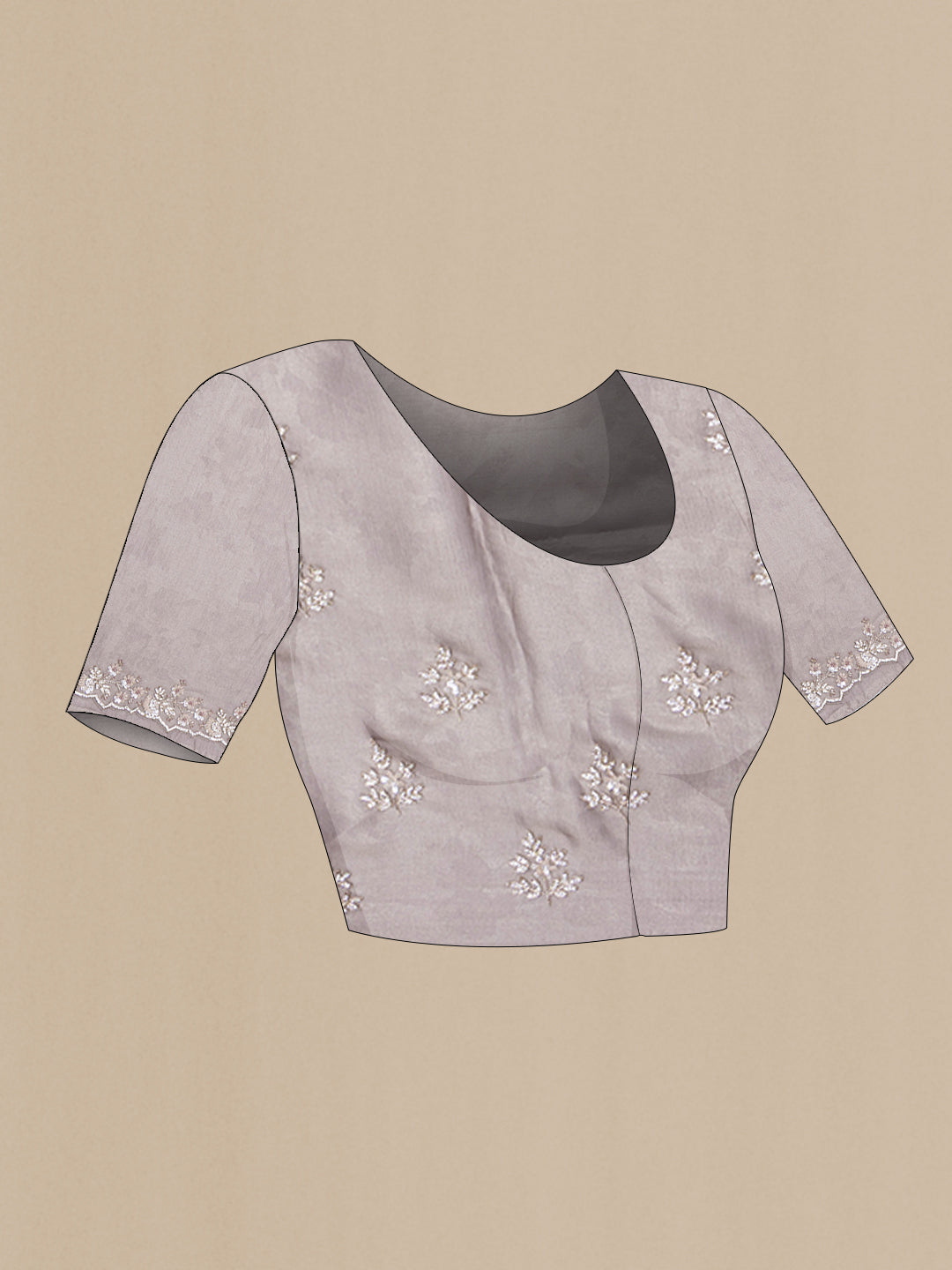 Close up image of the blouse of Grey Georgette Saree with Embroidery on the body and Embroidery Border. 