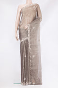 Grey Georgette Saree with Embroidery on the body and Embroidery Border.  displayed on a mannequin