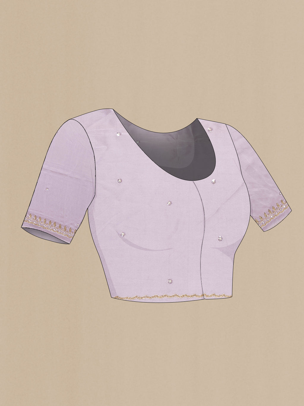 Close up image of the blouse of Lilac Crepe Saree with Embroidery on the body and Embroidery Border. 