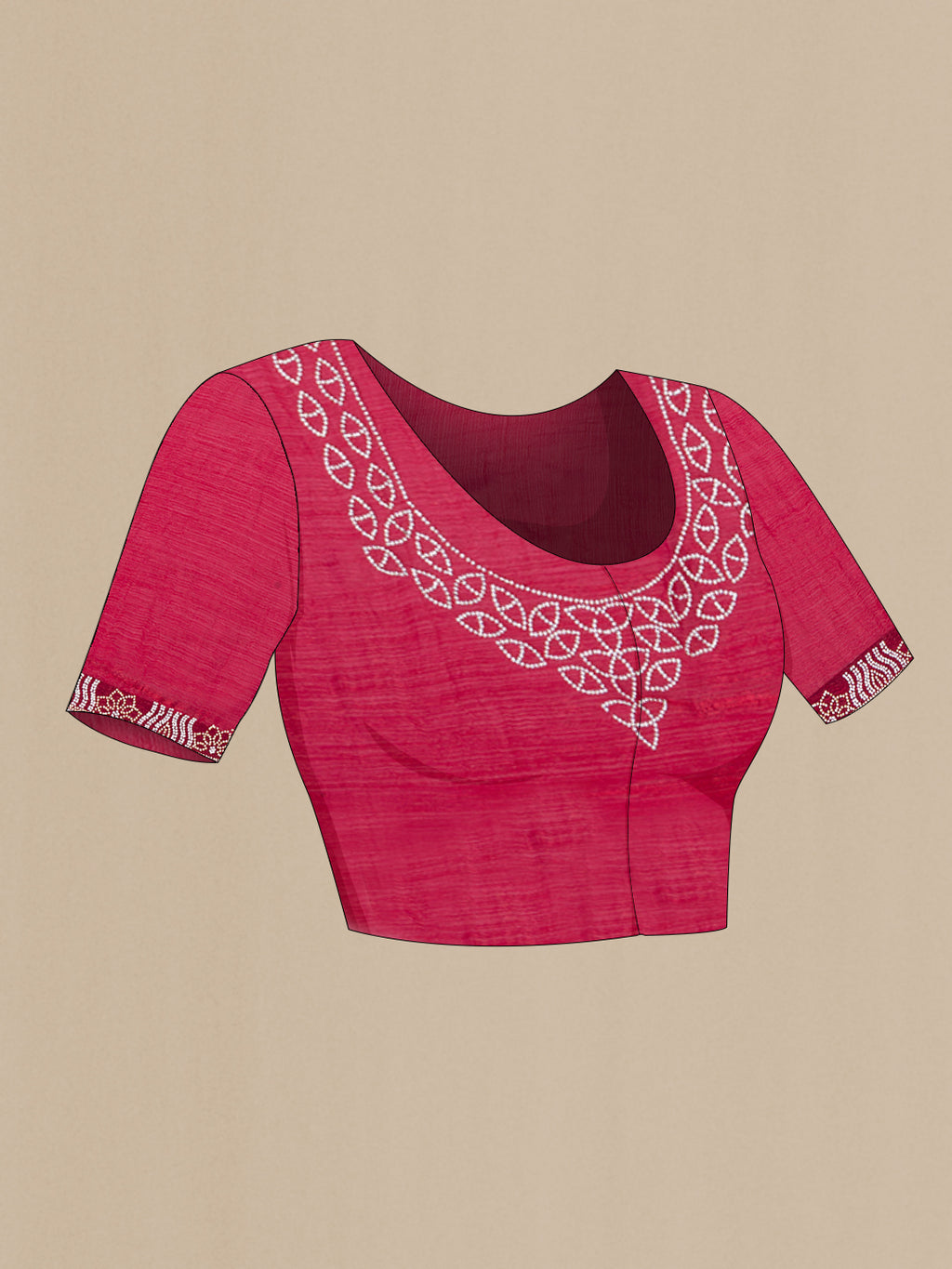 Close up image of the blouse of Maroon Dual Tone Blended Satin Crepe Saree with Embroidery on the body and Embroidery Border. 