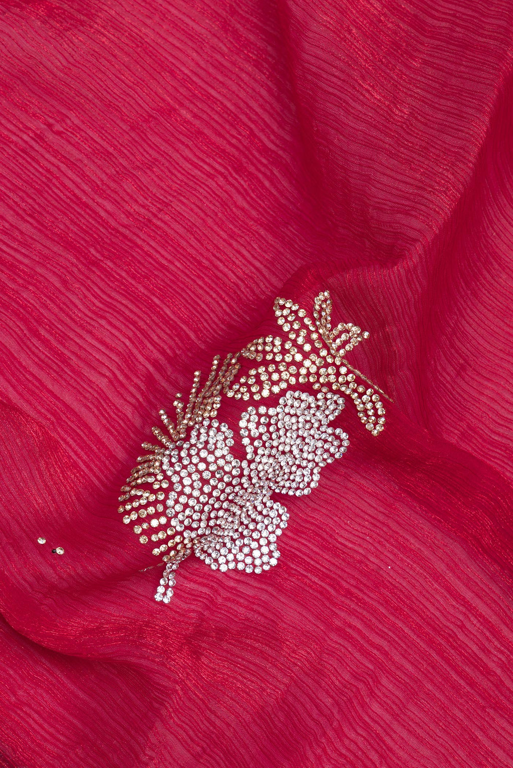 Close up of Maroon Dual Tone Blended Satin Crepe Saree with Embroidery on the body and Embroidery Border.  displaying folds