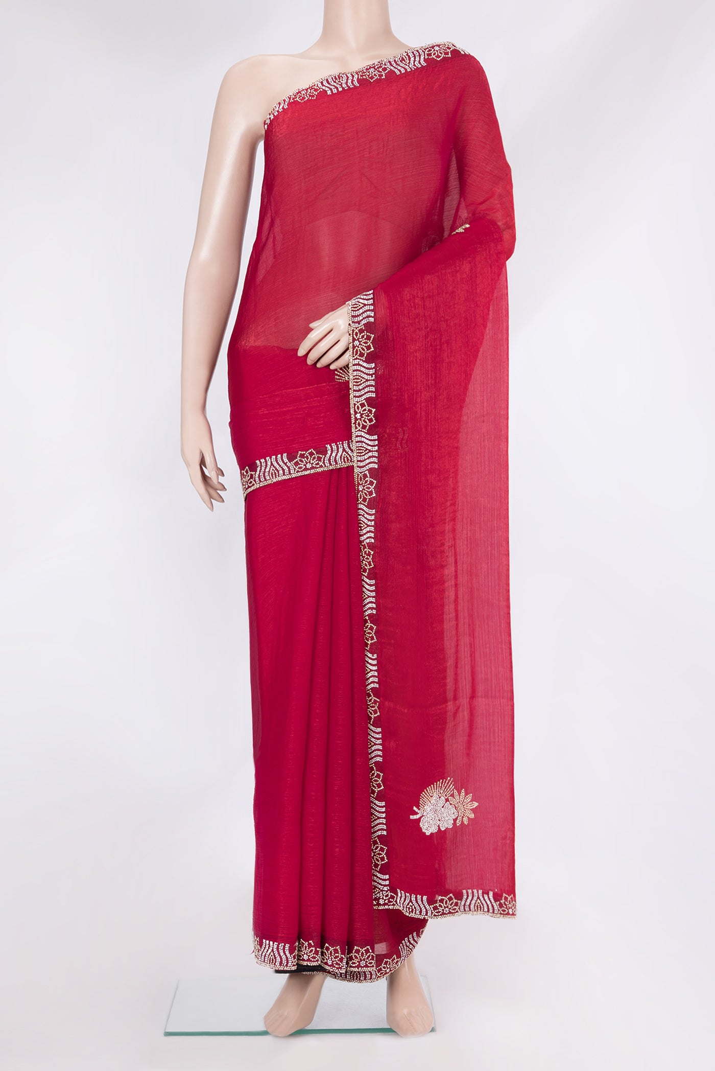 Maroon Dual Tone Blended Satin Crepe Saree with Embroidery on the body and Embroidery Border.  displayed on a mannequin