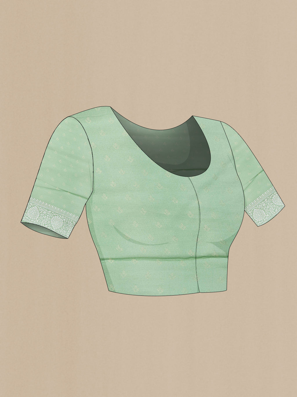 Close up image of the blouse of Green and Grey Color Organza Silk Saree with Zari Butta on the body and Zari Border. 