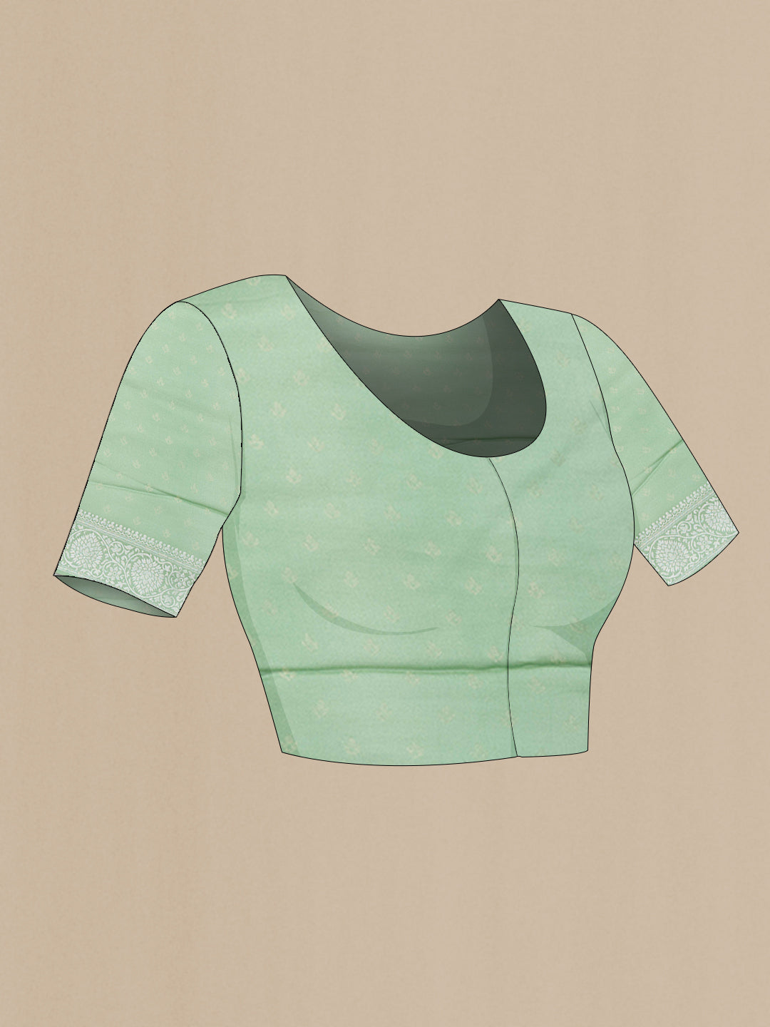 Close up image of the blouse of Green and Grey Color Organza Silk Saree with Zari Butta on the body and Zari Border. 