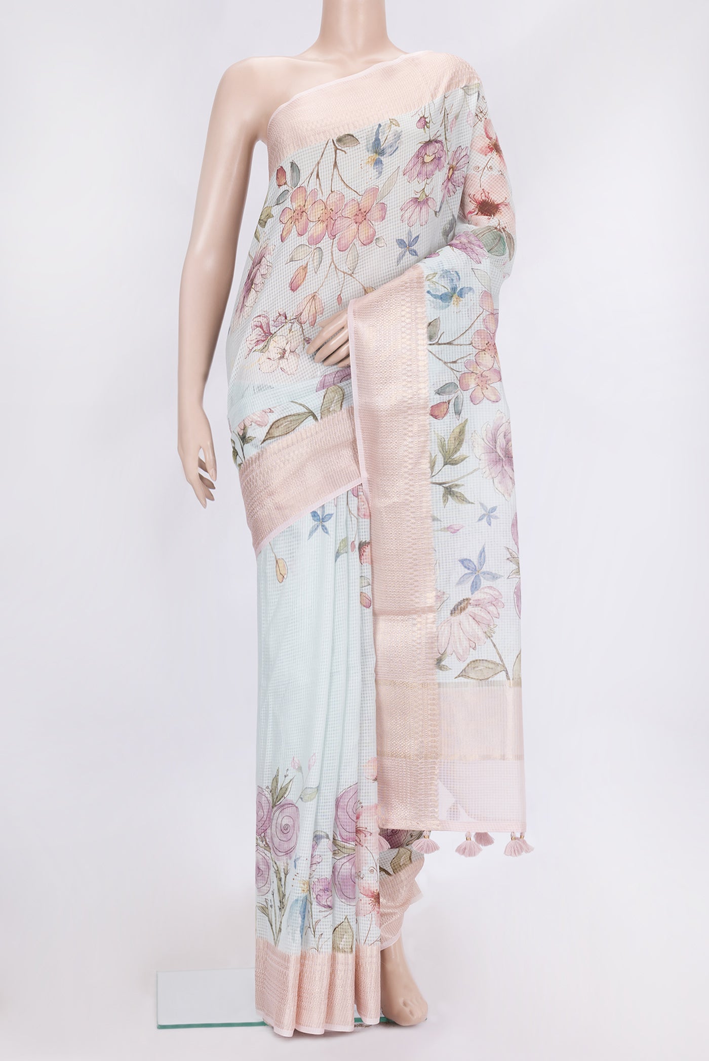 Sky Blue Dual Tone Kota Silk Saree with Printed design on the body and Zari Border.  displayed on a mannequin