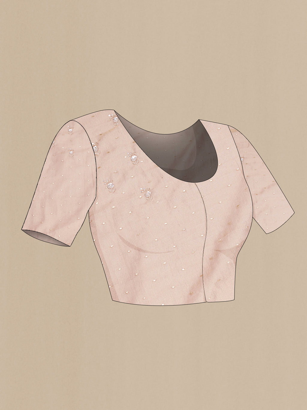 Close up image of the blouse of Rose Gold Dual Tone Organza Silk Saree with Embroidery on the body and Embroidery Border. 