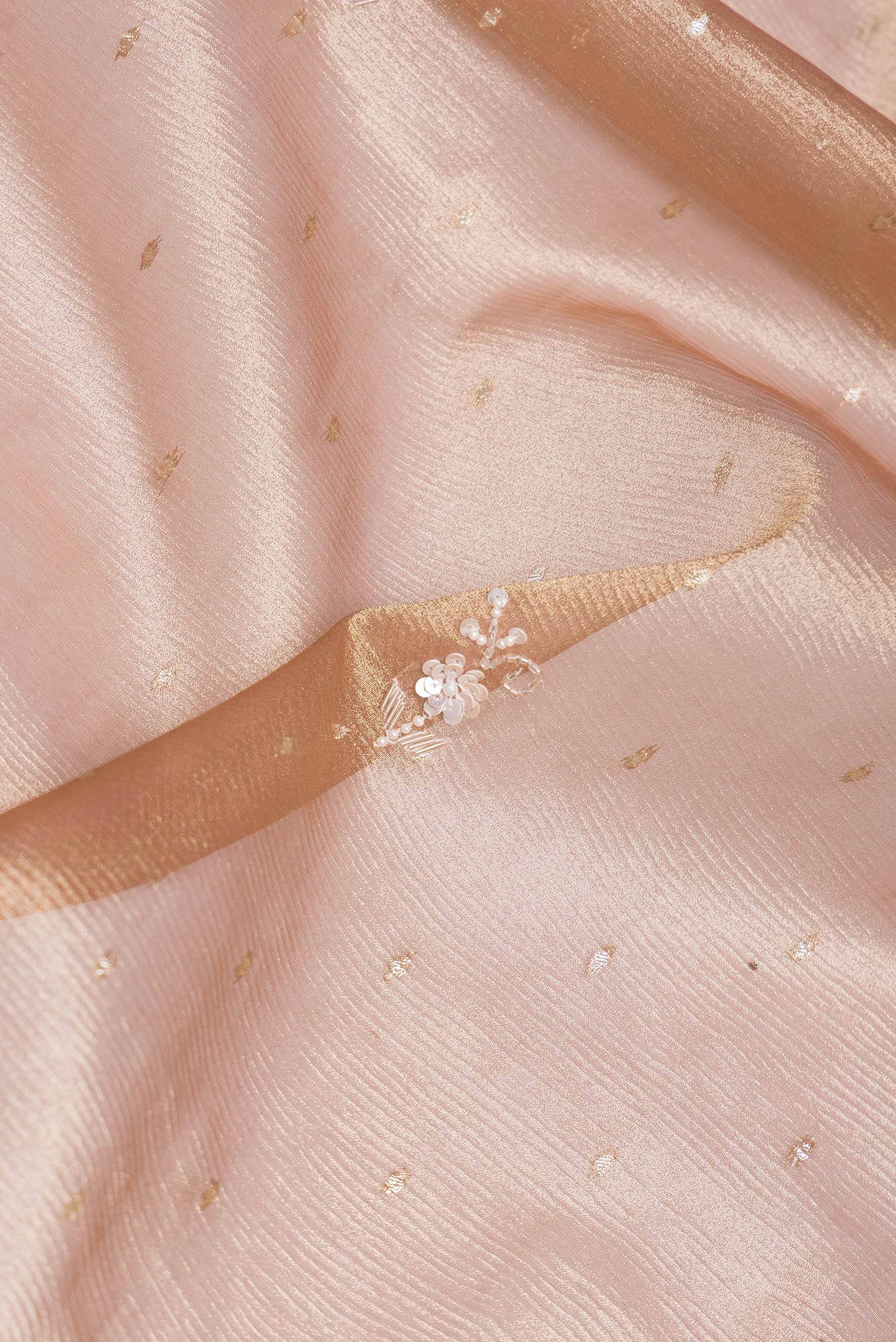 Close up of Rose Gold Dual Tone Organza Silk Saree with Embroidery on the body and Embroidery Border.  displaying folds