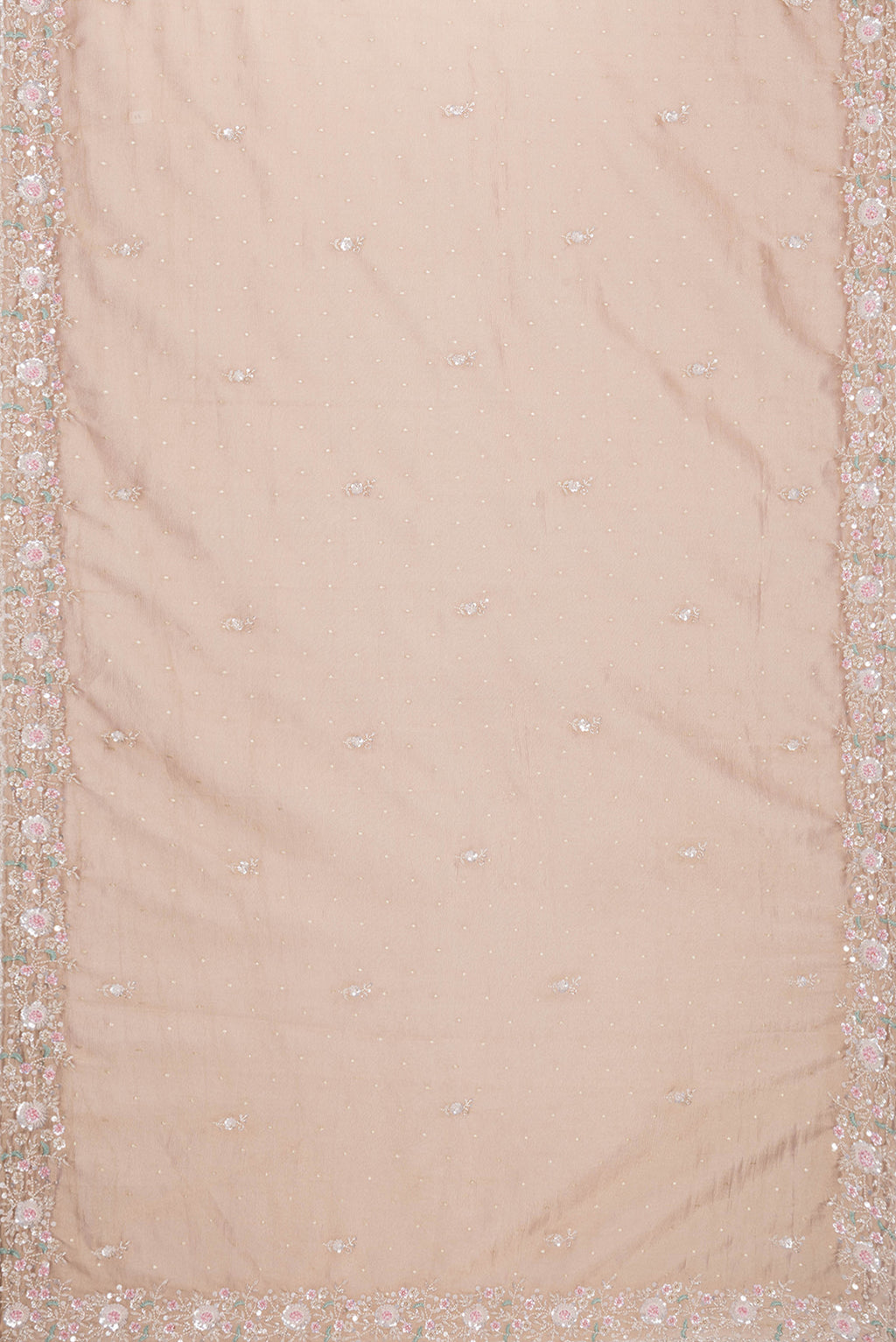 Flat view of Rose Gold Dual Tone Organza Silk Saree with Embroidery on the body and Embroidery Border. 