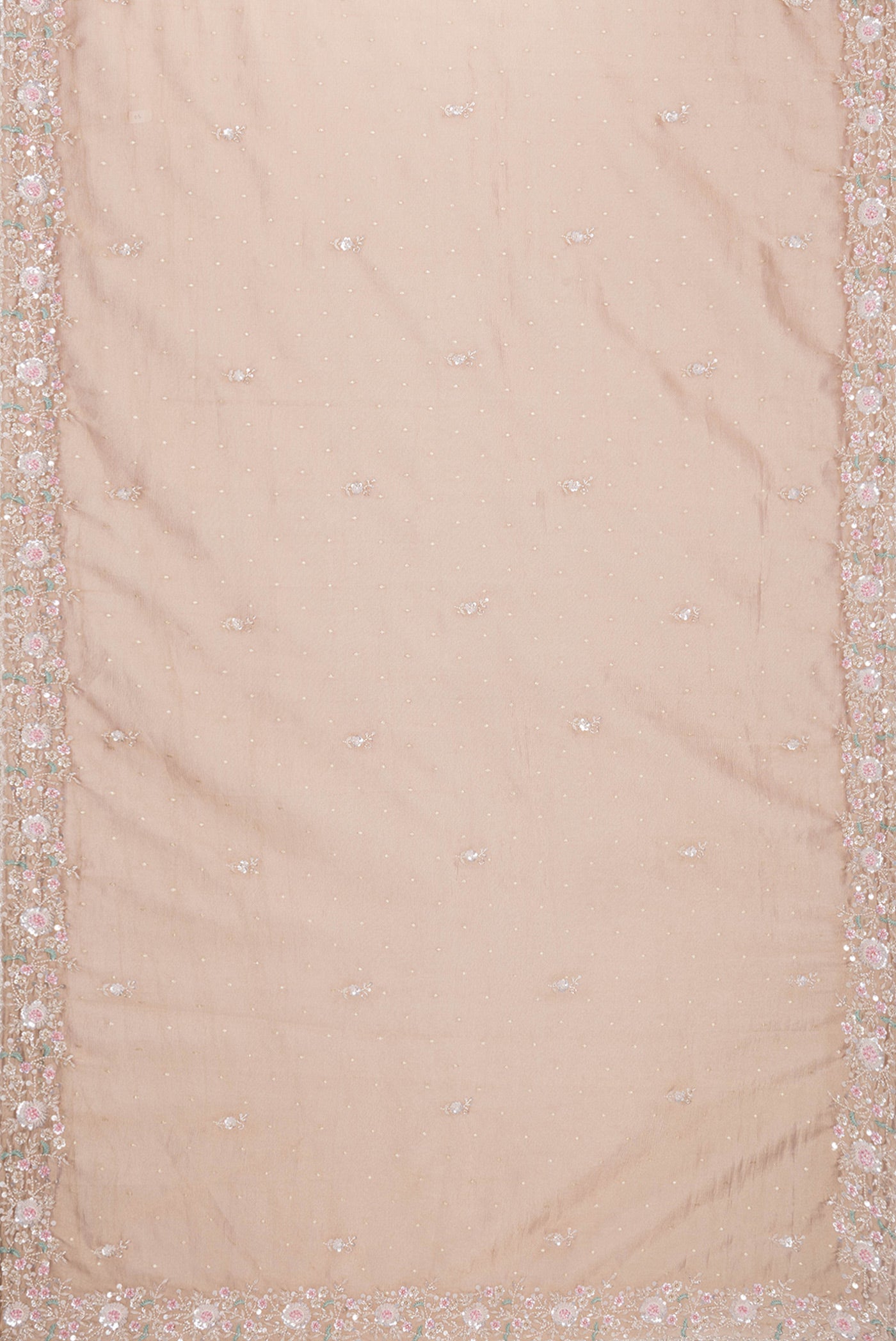 Flat view of Rose Gold Dual Tone Organza Silk Saree with Embroidery on the body and Embroidery Border. 